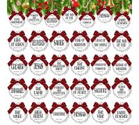 Soaoo 50 Pcs Names of Jesus Ornaments 3 Inch Christmas Religious Decoration Christ Ornaments Christmas Wood Hanging Decoration with Savior Names and Red Buffalo Plaid Bows Decor (Fresh Color)