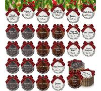 Soaoo 50 Pcs Names of Jesus Ornaments 7 cm / 2.8 Inch Christmas Religious Decoration Christ Ornaments Bulk Christmas Wood Hanging Decoration with Savior Names and Red Buffalo Plaid Bows Decor