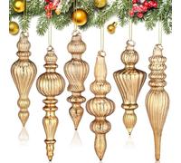 Soaoo 6 Pcs 6.3 inch Mercury Glass Finial Christmas Ornaments Hanging Christmas Finials Glass Ornaments Assorted Mercury Decor for Xmas Tree Vintage Holiday Decoration(Champagne, Rose Gold,Stylish)