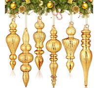 Soaoo 6 Pcs 6.3 inch Mercury Glass Finial Christmas Ornaments Hanging Finials Assorted Mercury Glass Decor for Vintage Holiday Tree Decoration (Champagne Gold)