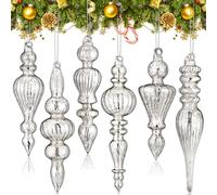 Soaoo 6 Pcs 6.3 inch Mercury Glass Finial Christmas Ornaments Hanging Finials Assorted Mercury Glass Decor for Vintage Holiday Tree Decoration (Silver)