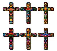 Soaoo 6 Pcs Floral Cross Wall Decor Mexican Home Decor Hand Painted Inspirational Wooden Cross The Ofrenda of The Dead Day Sugar Skull Wall Art Spanish Style Crucifix for Home Room Church Decoration
