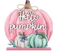 Soaoo Fall Decoration Wooden Fall Hello Pumpkin Sign Autumn Pumpkin Table Decor 11 Inch Wooden Autumn Desktop Ornament for Farmhouse Home Living Room Harvest Day Thanksgiving Decor(Pink,Lovely)