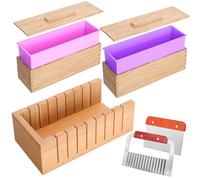 Soap Cutters with 2 Silicone Soap Molds, Upgraded Bar Rectangle Loaf Soap Mold Wood Box, Homemade Soap Making Supplies Tools Kit for Adults Beginners (Cutter with Mold)