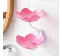 Soap Dish Holder for Shower Wall, Double Layer Self-Draining Soap Holder with 3D Lotus Design, Adhesive Wall Mounted Shampoo Bar Holder for Bathroom & Kitchen, Cute Home Accessory (Pink)