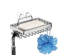 Soap Dish Holder Sponge Caddy with Hooks for Shower, Bathroom Rust Proof 304 Stainless Steel, Adhesive No Drilling