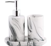 Soap Dish, Liquid Soap Dispenser, Toothbrush Tumbler Cup, 3 Piece Bathroom Accessory Set Marble Ceramic Bathroom Accessories Set (Grey)