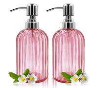 Soap Dispenser - 2 Pack 14 Oz Glass Soap Dispenser with Rust Proof Stainless Steel Pump, Refillable Liquid Bottle Dispenser, Premium Hand Jar Dispenser for Bathroom, Kitchen, Countertop (Pink)