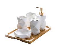 Soap Dispenser 6 Piece Stunning Bathroom Accessories Set Geometric Design Ceramics Tumbler Dispenser Soap Dish Cups Toothbrush Holder and Bamboo Tray Dispenser for Hand Soap(B)