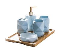 Soap Dispenser 6 Piece Stunning Bathroom Accessories Set Geometric Design Ceramics Tumbler Dispenser Soap Dish Cups Toothbrush Holder and Bamboo Tray Dispenser for Hand Soap(A)
