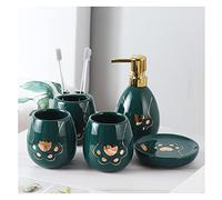 Soap Dispenser Ceramic 5-piece Soap Dispenser Couple Set Mouthwash Cup/soap Dispenser/toothbrush Holder//soap Dish Household Bathroom Countertop Dispenser for Hand Soap(Green)