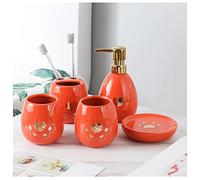 Soap Dispenser Ceramic 5-piece Soap Dispenser Couple Set Mouthwash Cup/soap Dispenser/toothbrush Holder//soap Dish Household Bathroom Countertop Dispenser for Hand Soap(Orange)