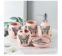 Soap Dispenser Home Bathroom Toiletries Soap Dispenser Set Ceramic 5-piece Set Couple Water Cup Lotion Bottle Soap Dish Toothbrush Holder Set Blue Pink Dispenser for Hand Soap(Pink)