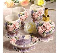 Soap Dispenser Pump 5-Piece Ceramic Bath Accessory Set Includes Liquid Soap or Lotion Dispenser Toothbrush Holder, Tumbler, Soap Dish Elegant Rose Carving Decoration, Creative Gift Home Decoration Id