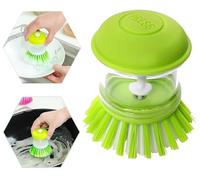 Soap Dispensing Palm Scrubber Brush with Built In Soap Storage Green Kitchen Washing Up Tool for Dish Pot Pan Sink Cleaning Non Scratch Eco Friendly Washing Brush