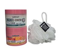 Soap Glory Body Care Bundle | Magnifi-Coco Exfoliating Body Scrub 300ml & Simply The Boost Yogurt Body Moisturiser 300ml | Smooth & Hydrate for Radiant Skin With Free Beauty Body Puff(Any Colour)