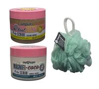 Soap Glory Body Care Bundle | The Real Zing Body Scrub 300ml & Magnifi - Coco Exfoliating Body Scrub 300ml | Smooth & Hydrate for Radiant Skin With Free Beauty Body Puff (Any Colour)