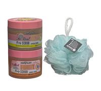 Soap Glory Body Care Bundle | The Real Zing Moisturizing Body Scrub 300ml & Call Of Fruity Exfoliating Body Scrub 300ml | With Free Beauty Body Puff(Any Colour)