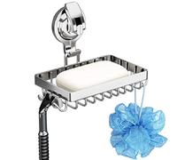 Soap Holder Shower, Suction Cup Soap Dish for Shower with 4 Hooks, 304 Stainless Steel, Silver