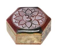 Soapstone Jewellery Box Trinket Hand Carved Design Decorative Keepsake Storage Organiser Chest Earring Makeup Accessories Gift Home Décor Hexagonal (Aum)