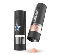 SOAR NFL Electronic Salt and Pepper Grinder Set, Battery-Powered One-Handed Mills with Adjustable Coarse-to-Fine Grind, LED Light and 70 mL Chambers- Dallas Cowboys