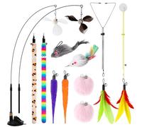 Soarer 4-in-1 Interactive Cat Feather Toys,12Pcs Durable Fishing Pole Cats Feathers Toy Replacements,Enhanced Suction Cup Cats Wand Toy,2 Types Door Hanging Cat String Toys for Indoor Kitten