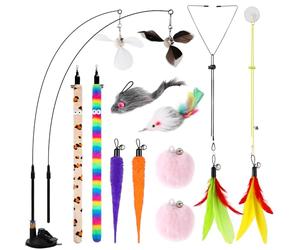 Soarer 4-in-1 Interactive Cat Feather Toys,12Pcs Durable Fishing Pole Cats Feathers Toy Replacements,Enhanced Suction Cup Cats Wand Toy,2 Types Door Hanging Cat String Toys for Indoor Kitten