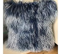Sobeautifur Genuine Mongolian Sheepskin Lamb Wool Fur Cushion with Pad 40cm x 40cm Blue White Mixed