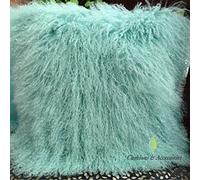 Sobeautifur Mongolian Sheepskin Cushion With Pad 40x40cm - Genuine Lamb Wool Fur Pillow - Duck Egg