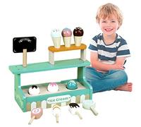 Sobebear 12 Piece Wooden Ice Cream Cart Playset, Pretend Dessert Stall with Cones, Lollies, Blackboard, Durable Wooden Toys, Role Play Imaginative Playset for Kids Age 36+ Months