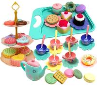 Sobebear 53pcs Kids Tea Party Set and Sweet Dessert Set - Teapot and Food Set, Pretend Play Cups, Utensils and Assorted Pastry Toys, Colorful Educational Tea Time Gift for Girls Ages 3+ Years