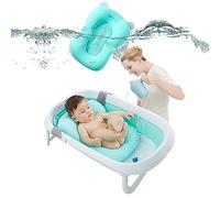Sobebear Plastic Baby Bathtub Foldable Bath Support for Toddlers,Newborns Baby Bathing Combo Set,Non-Slip, Adjustable Bath Seat Soft Neck Cushion Infants Age 3+ Months (Green Cushion Bath Tub)