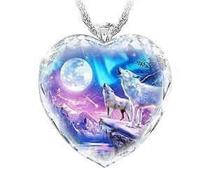 Sobeta 925 Pure Silver Crystal Sparkle Gem Necklace Wolf Pendant Elegant Jewelry Snow Wolf Moon Heart Necklace Gift Couple Gifts - Crystal
