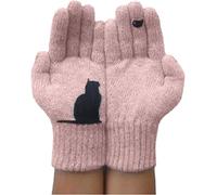 Sobeta Cat Fan Cotton Gloves, Cat Bird Print Winter Outdoor Warm Woolen Mittens, Cartoon Cat Cute Knitted Gloves for Women, For Cycling Driving Running (Pink)