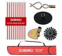 Sobinu 30ft (9m) Drain Rod Set Kit - 15PCS Professional Heavy Duty Drain Cleaning Rods with Plunger, Worm Screw, Scraper & Brush, Pipe & Gutter Unblocking Tool with Carry Bag