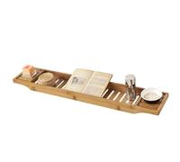 SoBuy Bamboo Bathtub Tray 80cm Wooden Bath Caddy Bridge - Extra Long & Lacquered for Large Bathtubs, Wine Glass Holder & Candle Slot FRG212-N