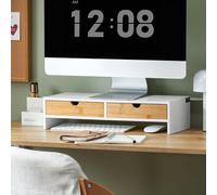 SoBuy Wooden Monitor Stand with Drawers Monitor Riser Computer Stand Desk Shelf Home Office Desk Accessories White-Natural 47x18x11cm BBF02-WN