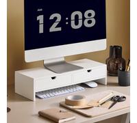 SoBuy Wooden Monitor Stand Riser with Drawers for Home Office | Desk Storage Organiser Unit for Computer & Laptop, Desktop Accessories, White, W47 x D18 x H11 cm, BBF02-W