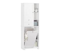 SoBuy BZR104-W, Tall Bathroom Storage Cabinet with Laundry Basket Slim Freestanding Bathroom Unit, Narrow Storage Cupboard with Shelves, Bathroom Towe