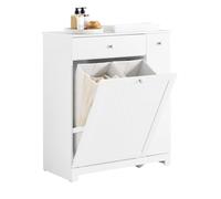 SoBuy BZR214-W, Tall Slim Bathroom Storage Cabinet with 1 Drawer, 2 Laundry Hampers and Side Pull-Out Shelf - Freestanding Narrow Bathroom Unit, 78x