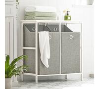 SoBuy Bathroom Storage Cabinet 77cm Wide with 2 Foldable Laundry Baskets | Slim Bathroom Cabinet with MDF Top, Compact Bathroom Storage Unit for Laundry Room, White, 77x38x80cm, BZR57-W