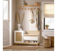 Sobuy Fsr128-W,shoe Storage Bench Shoe Rack With Cushion Large Capacity Cabinet With Adjustable Shelves & Rattan Door