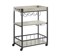 SoBuy FKW56-HG 3-Tier Kitchen Serving Trolley with Wine Rack, Removable Top Tray, Marble-Effect MDF & Black Steel, 4 Swivel Castors