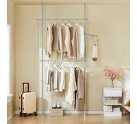 SoBuy Telescopic Clothes Rail with Hook Rack 75-126cm Wide for Bedroom | Heavy Duty Clothes Rack with Hanging Rails, Adjustable Open Wardrobe for Walk-in Closet, Grey, H200-295cm, FRG109-II-HG