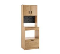 SoBuy FSB98-N,Tall Cabinet with Pegboard Microwave Sideboard Cabinet Kitchen Storage Unit and Microwave Shelf Oak Effect Cupboard with 2 Drawer Nat...