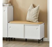 Sobuy Fsr116-W, Hallway Storage Bench Shoe Rack With Sliding Doors And Seat Cushion, White
