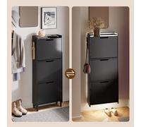 Sobuy Fsr151-H-E-W, Slim 3 Filp Drawer Tall Shoe Cabinet With Sensor Light & Hooks, Wall-Mountable Freestanding - Black