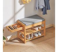SoBuy FSR49-N Bamboo Shoe Rack & Lift-Top Bench, 2-Tier Shelf + Drawer, Grey Cushioned Seat, 55x30x46 cm