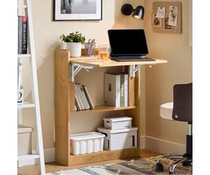 Sobuy Fwt92-N, Folding Desk Folding Table Computer Desk Study Table Home Office Desk With 3 Shelves, Natural