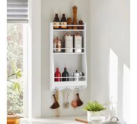 SoBuy Kitchen Wall Shelf Spice Rack Wall Mounted Shelf Rack with 3 Shelves and 3 Hooks White W38 x D17 x H75cm KCR12-W